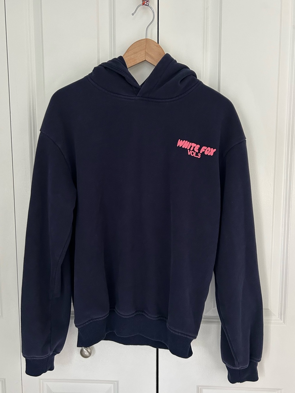 White Fox Vol 3 navy blue hooded sweatshirt pink lettering size XS/ small